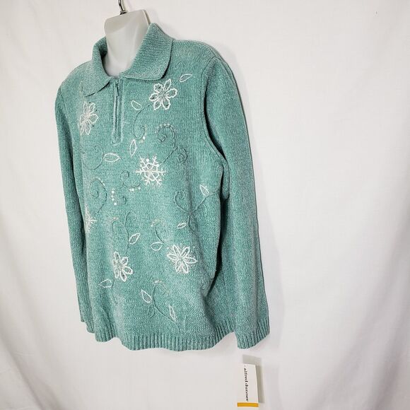 Alfred Dunner Womens Sweater Small Green Pullover Floral Snowflake Embroidered - Picture 5 of 10